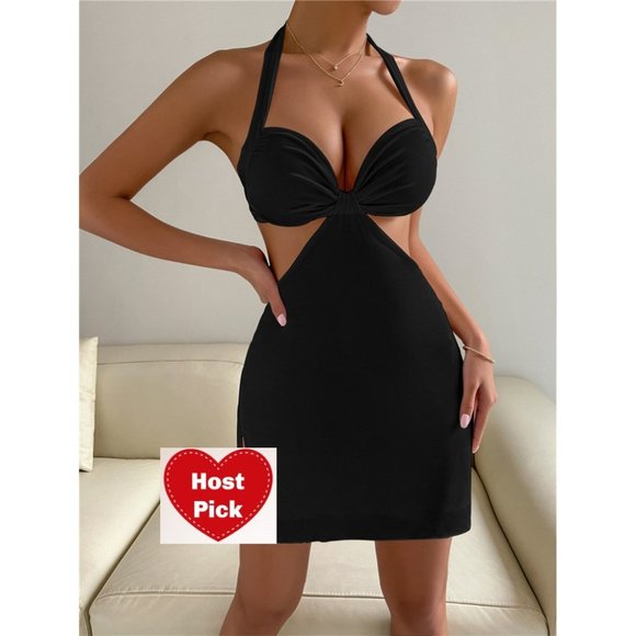 Backless Halter Neck Cut Out Dress Hollow Out Micro Mini Black Cocktail Dress - Picture 1 of 8
